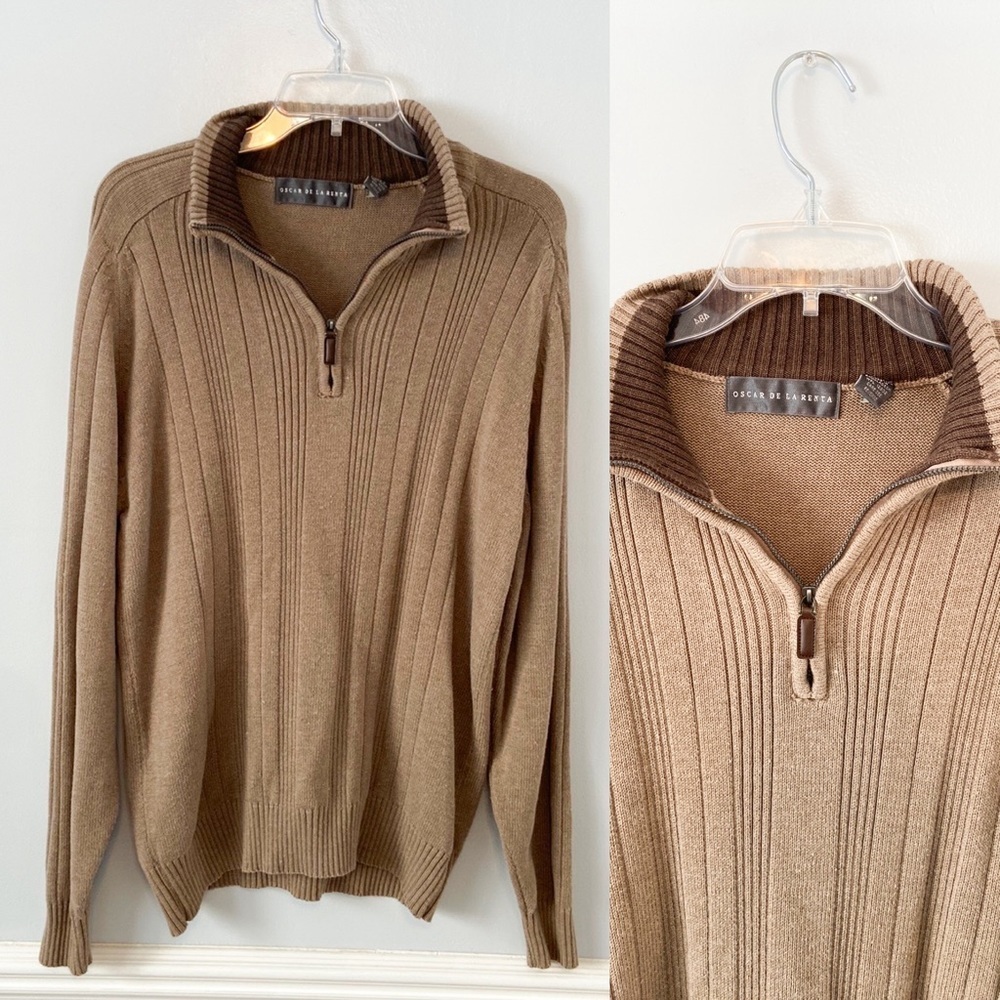 Oscar de la Renta Men's Tan & Cream Sherpa Collar Quarter Zip Sweater Size XL